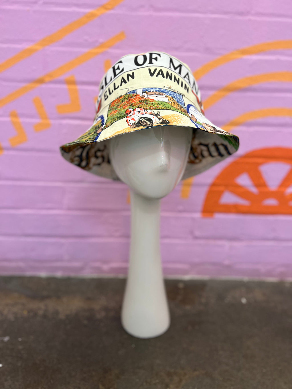 Handmade bucket hat made from two vintage tea towels, unique bucket hat handmade in Manchester and fully reversible 