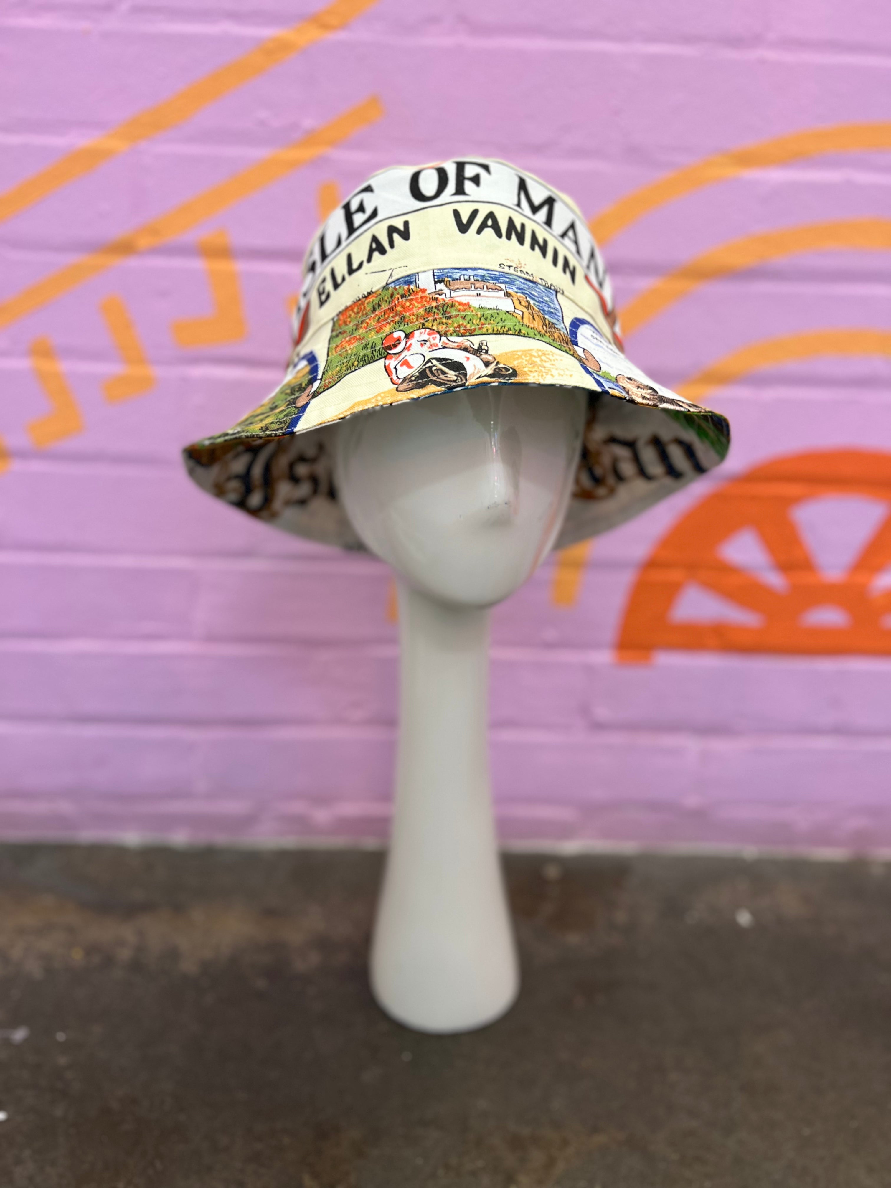 Handmade bucket hat made from two vintage tea towels, unique bucket hat handmade in Manchester and fully reversible 