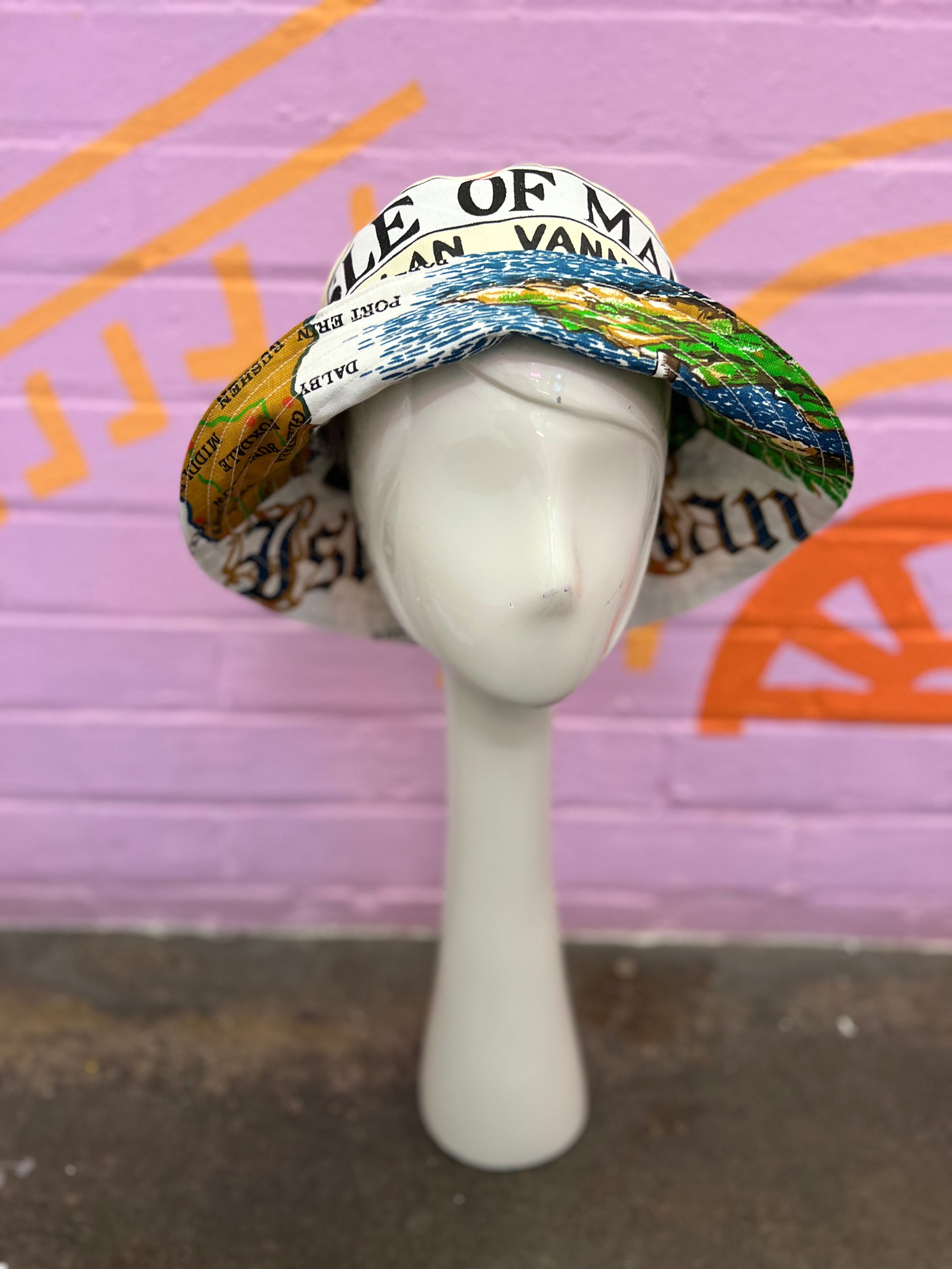Handmade bucket hat made from two vintage tea towels, unique bucket hat handmade in Manchester and fully reversible 
