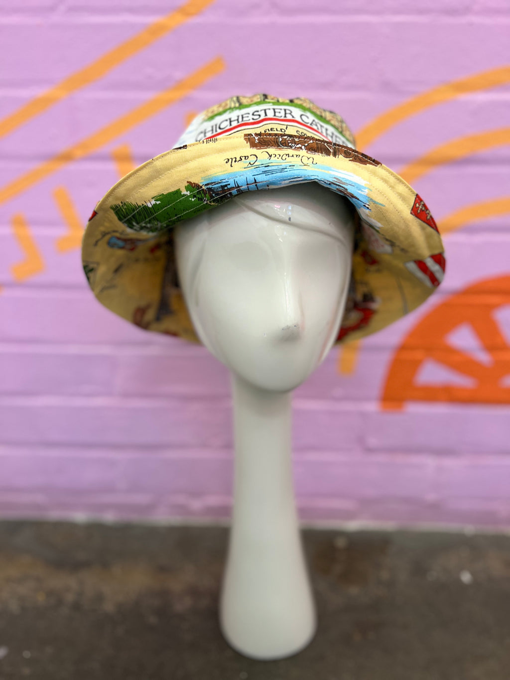 Handmade bucket hat made from two vintage tea towels, unique bucket hat handmade in Manchester and fully reversible 