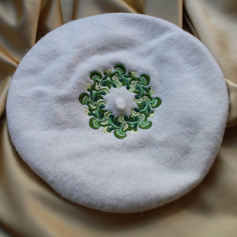 White Mushroom Wreath Embroidered Beret