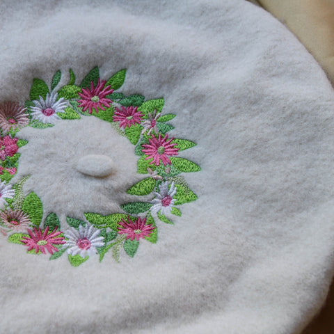 White Spring Floral Wreath Embroidered Beret