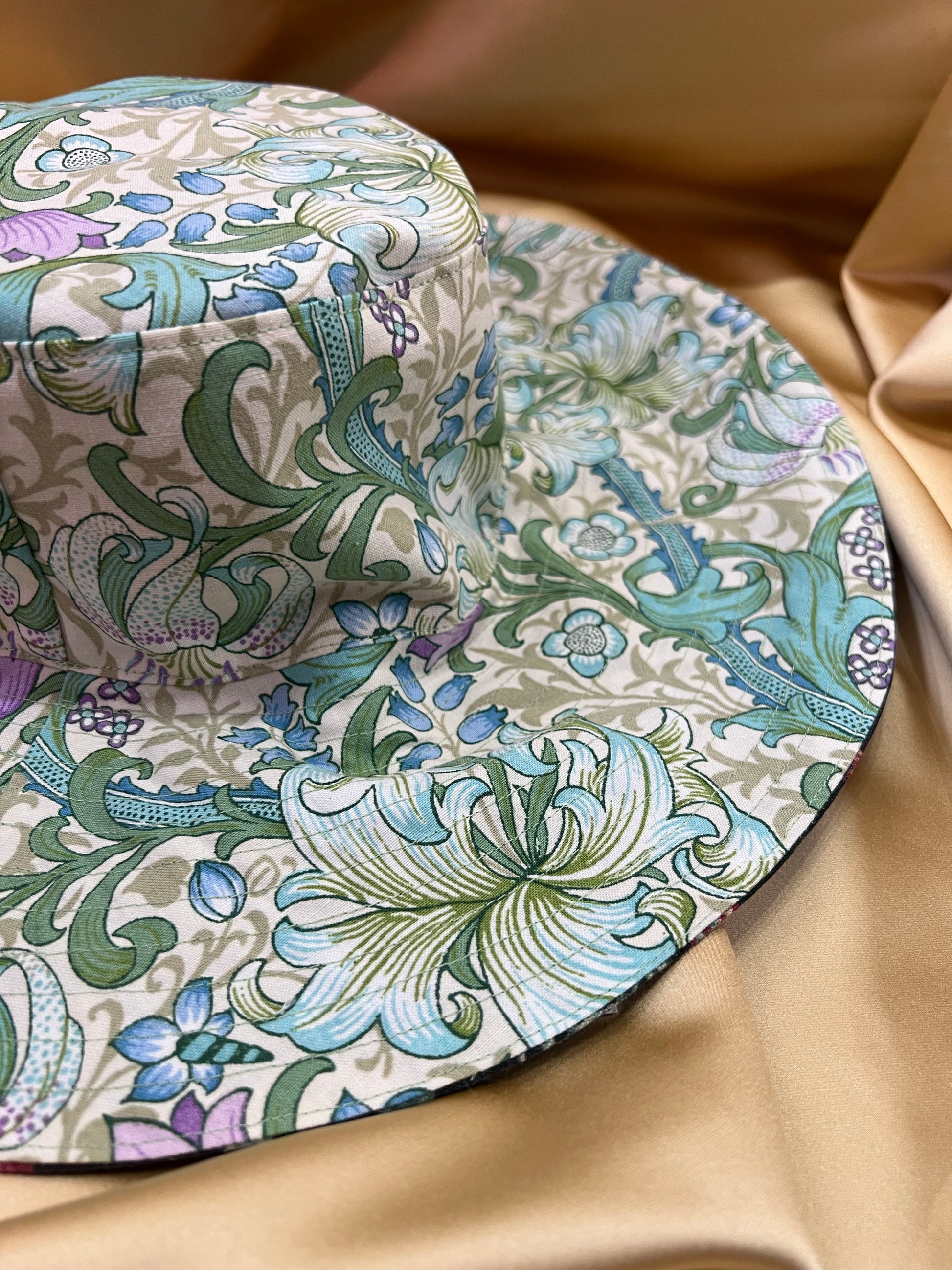 Handmade reversible wide brim sun hat, handmade in Manchester one of a kind hat made from vintage fabrics