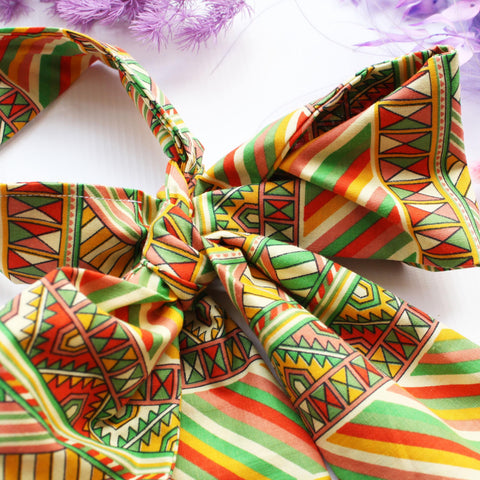 Aztec XL pussy bow, made from a beautiful colourful geometric print cotton fabric.