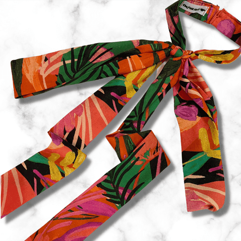 Bright tropical long pussy bow, made from an amazing bright tropical cotton fabric